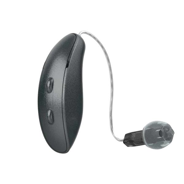 Starkey G Series AI RIC hearing aid in graphite grey