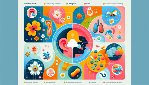 Illustration depicting common causes of sore throat and itchy ears.