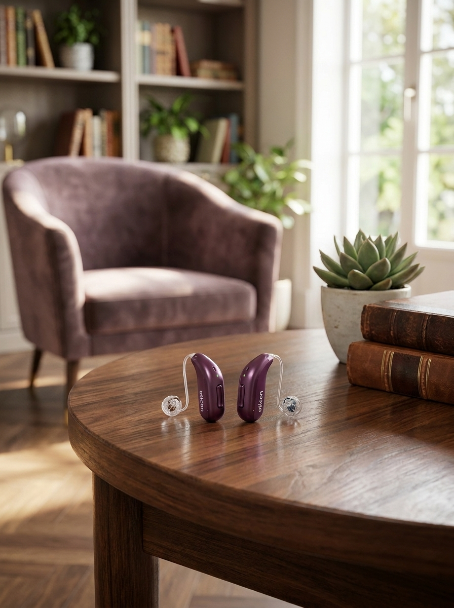 Oticon Reveal hearing aids sit on a table. 