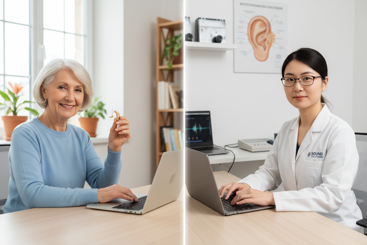 A woman has her hearing aid fitting online.