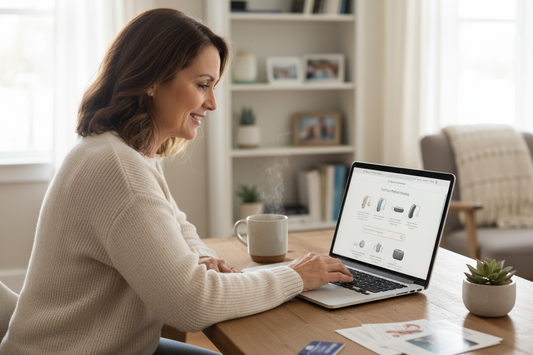Woman shopping for hearing aids on her laptop.