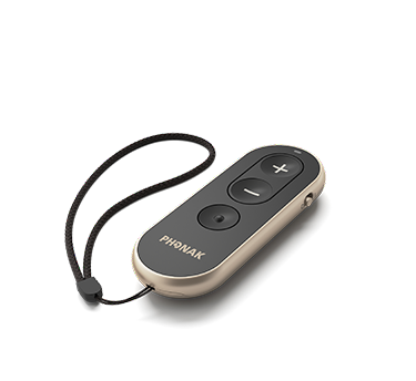 Remote control with lanyard on a white background, featuring the Phonak brand.
