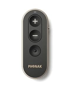 Black remote control with PHONAK branding on a white background