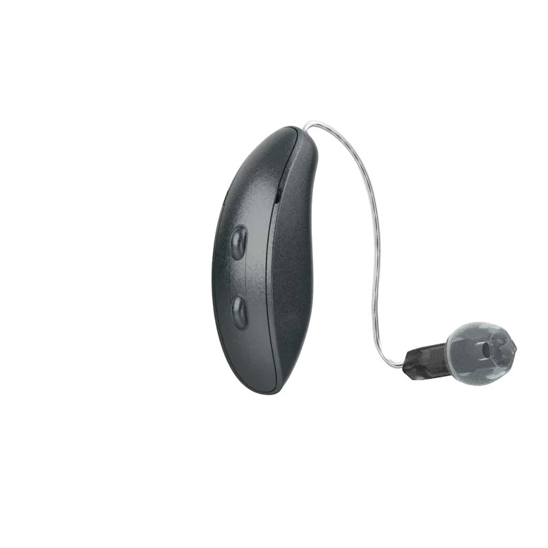 Starkey Genesis AI RIC hearing aid in graphite grey 