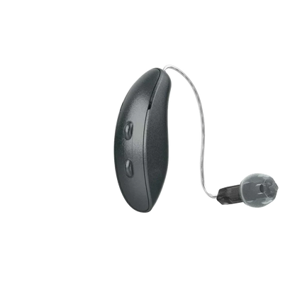 Starkey Genesis AI RIC hearing aid in graphite grey 
