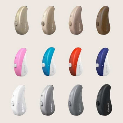 Rows of hearing aids in a variety of colors 