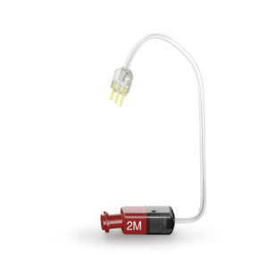 Red and black electronic device with a cable on a white background