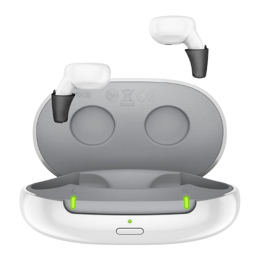 Active IX charger open with hearing aids above it
