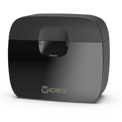 Black electronic device with Widex logo on a white background