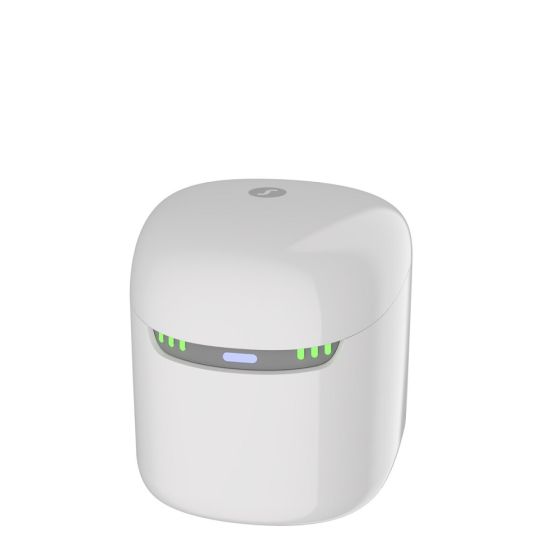 White electronic device with green indicator lights on a white background