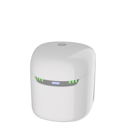 White electronic device with green indicator lights on a white background