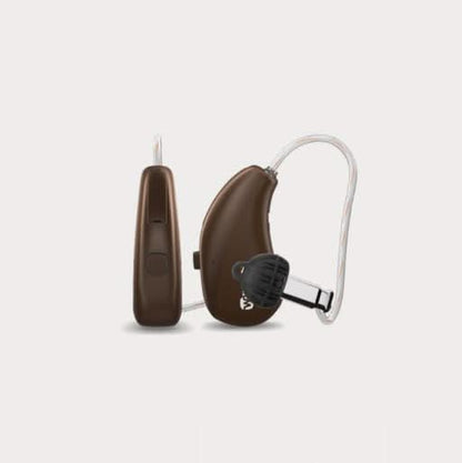 Pair of Widex hearing aids in dark cherry