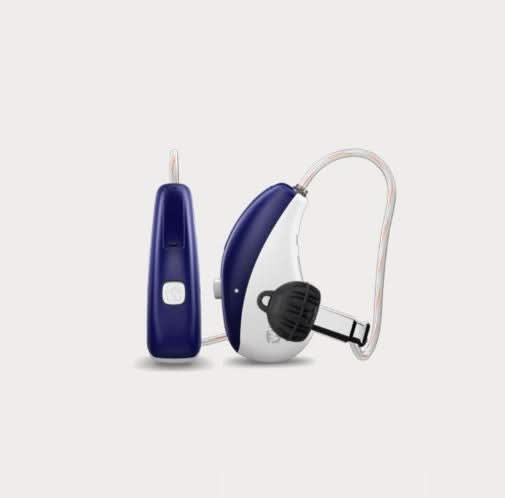 Pair of Widex hearing aids in deep blue and white
