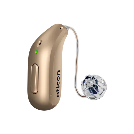 Oticon hearing aid in honey beige