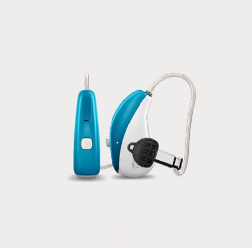 Blue and white hearing aid device on a light gray background