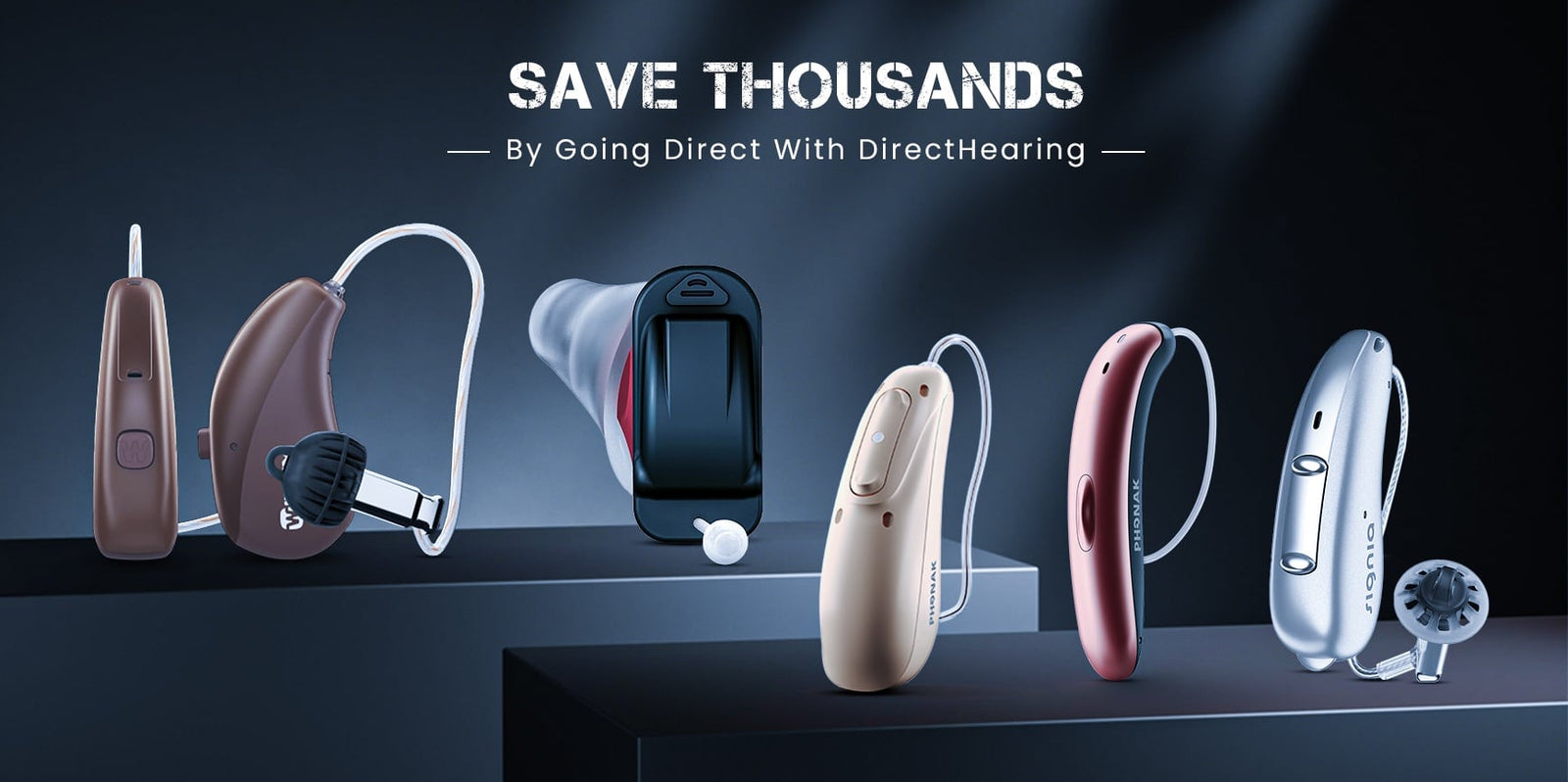 Collection of hearing aids displayed on a dark background with promotional text.