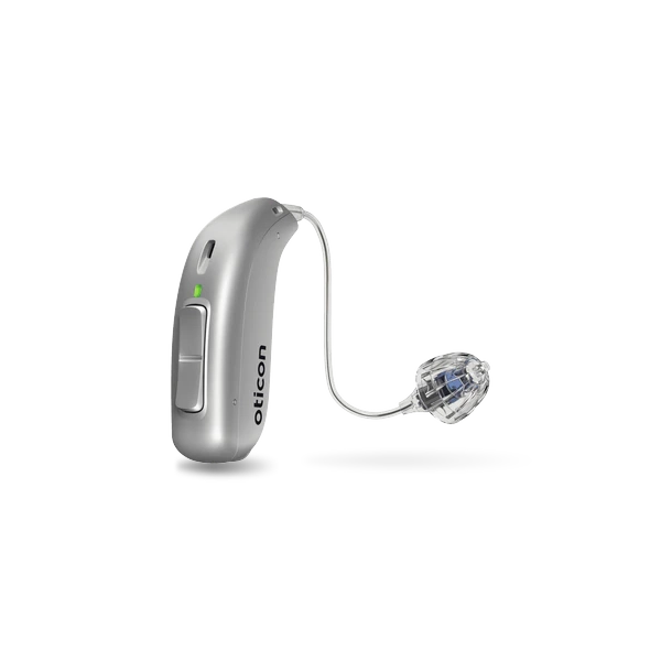 Oticon hearing aid in silver grey