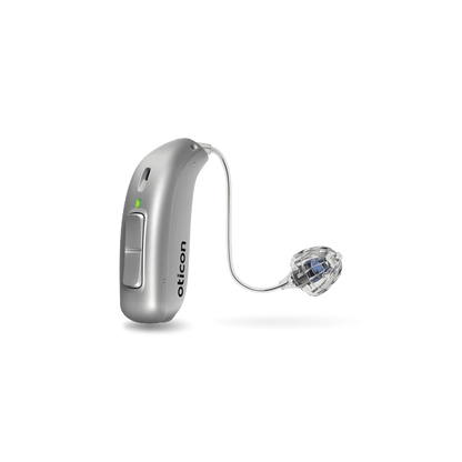 Oticon hearing aid in silver grey
