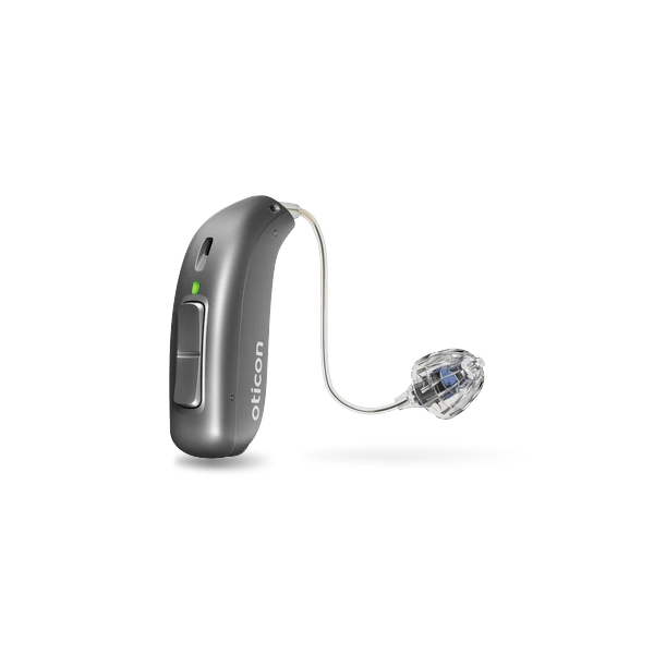 Oticon hearing aid in steel grey 