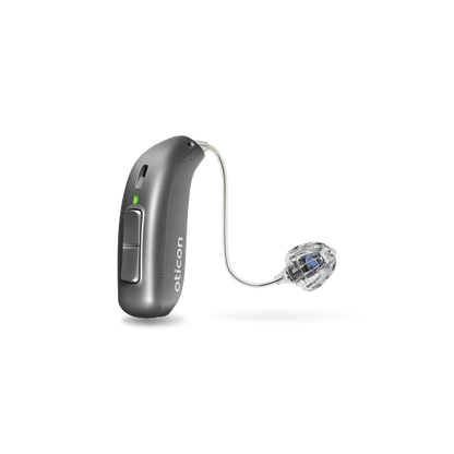 Oticon hearing aid in steel grey 