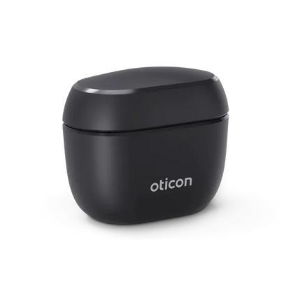 Black earbud case with 'oticon' branding on a white background