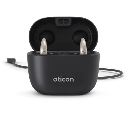 Black charging case with Oticon hearing aids on a white background
