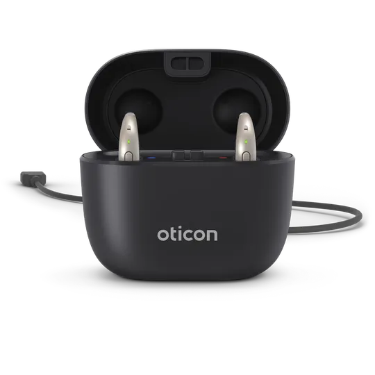 Black charging case with Oticon hearing aids on a white background