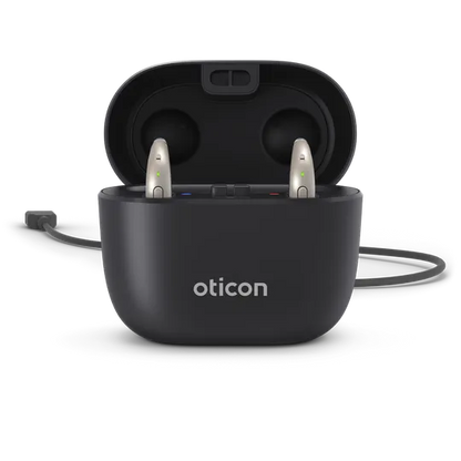 Black charging case with Oticon hearing aids on a white background