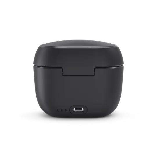 Black hearing aid charger with a USB port on a white background