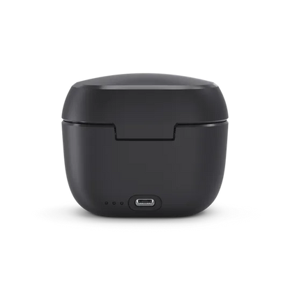 Black hearing aid charger with a USB port on a white background