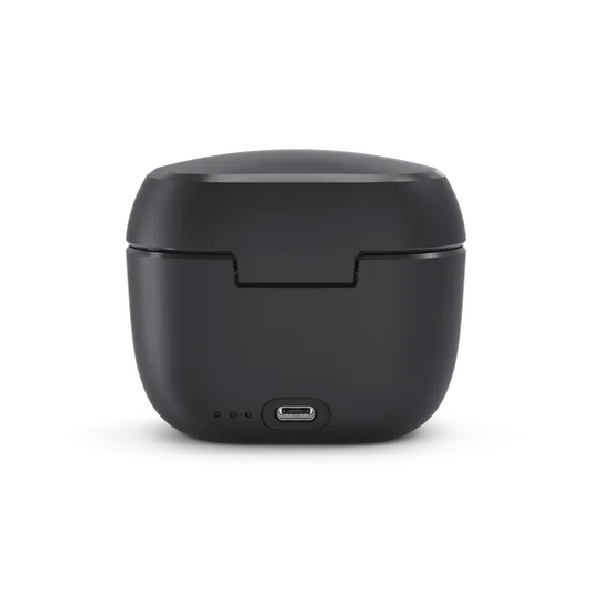 Black hearing aid charger with a USB port on a white background