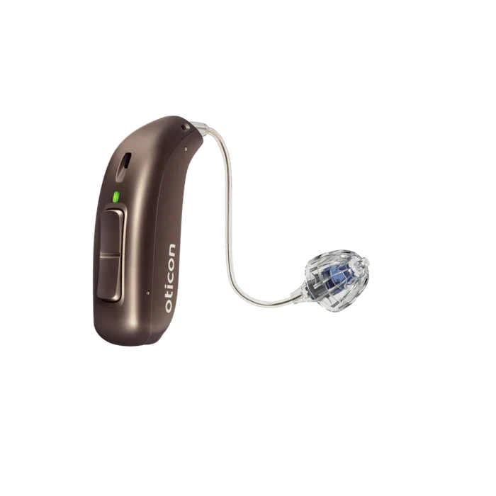 Hearing aid device with 'oticon' branding on a white background