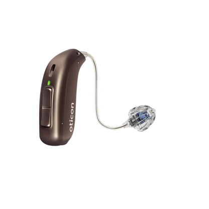 Hearing aid device with 'oticon' branding on a white background