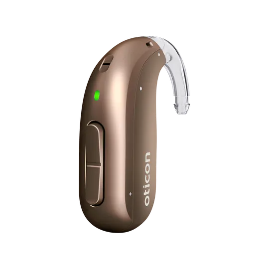 Oticon Intent miniBTE hearing aid in chestnut brown
