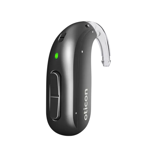Oticon Intent miniBTE hearing aid in diamond black 