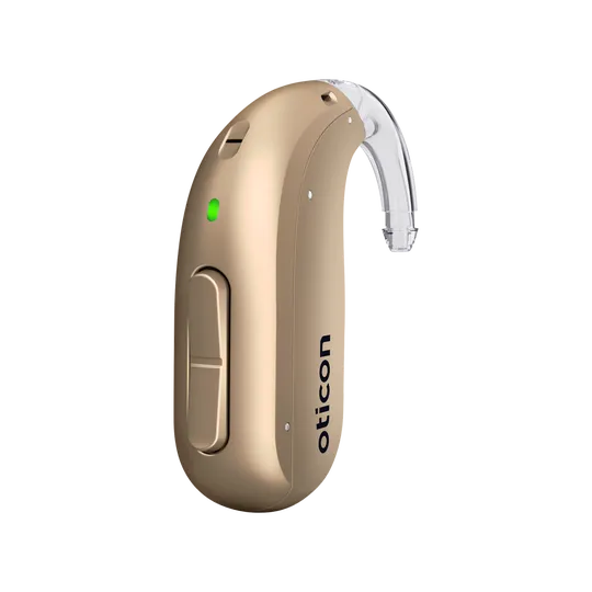 Oticon Intent miniBTE hearing aid in honey beige