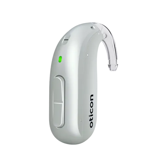 Oticon Intent miniBTE hearing aid in silver