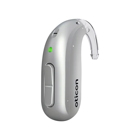 Oticon Intent miniBTE hearing aid in silver grey