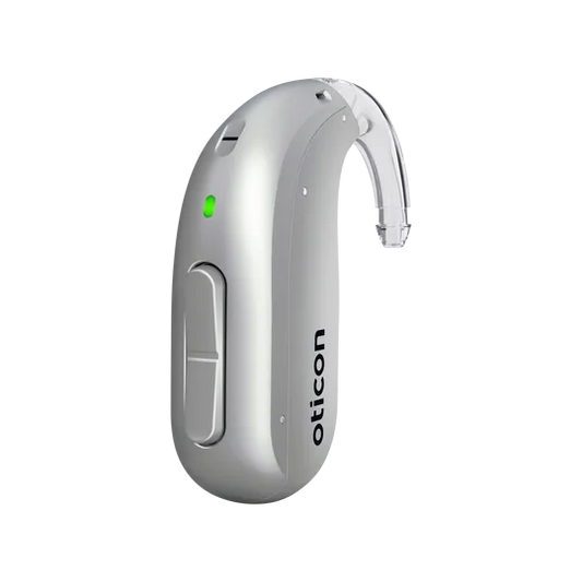 Oticon Intent miniBTE hearing aid in silver grey