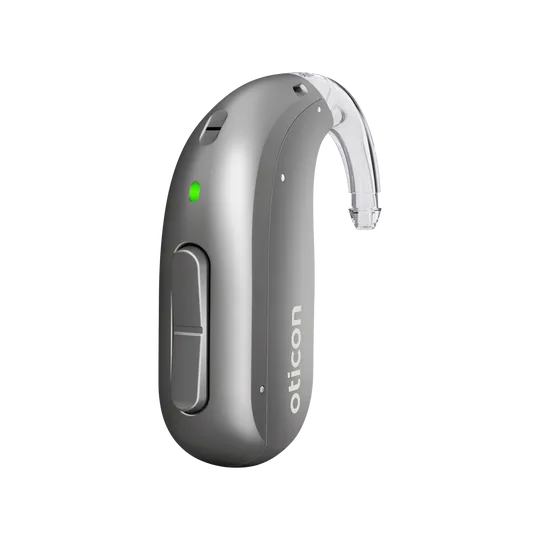Oticon Intent miniBTE hearing aid in steel grey