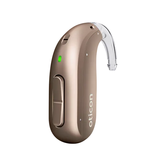 Oticon Intent miniBTE hearing aid in Terracotta