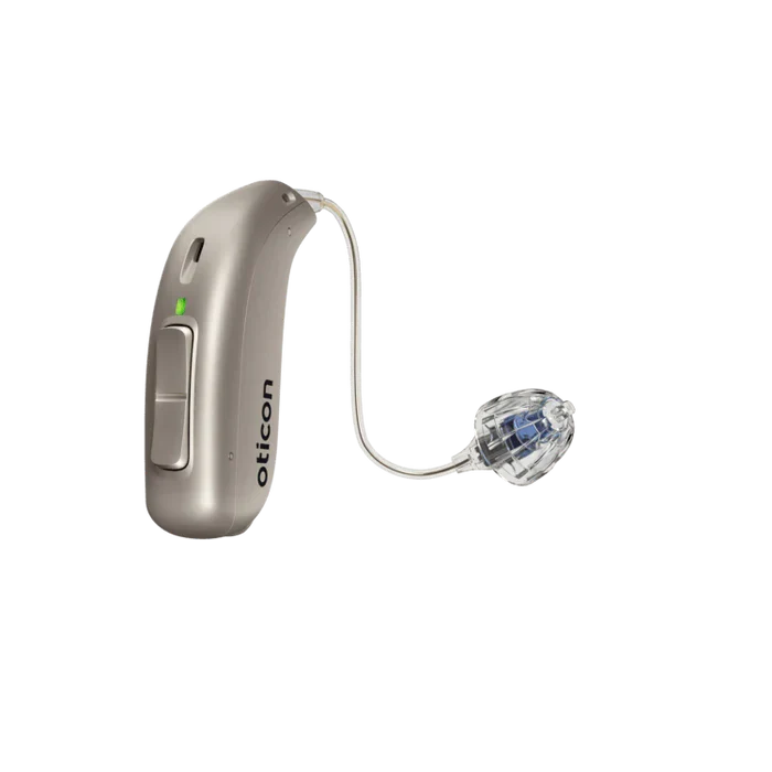 Silver Oticon hearing aid on a white background