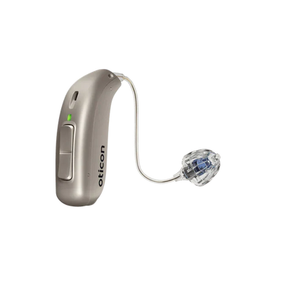 Silver Oticon hearing aid on a white background