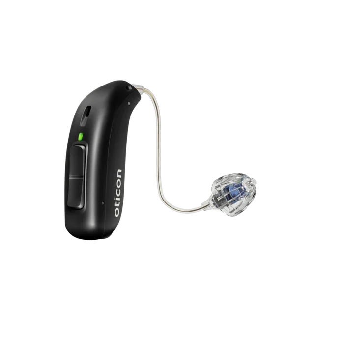 Black hearing aid with clear component on a white background