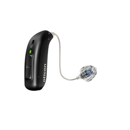 Black hearing aid with clear component on a white background