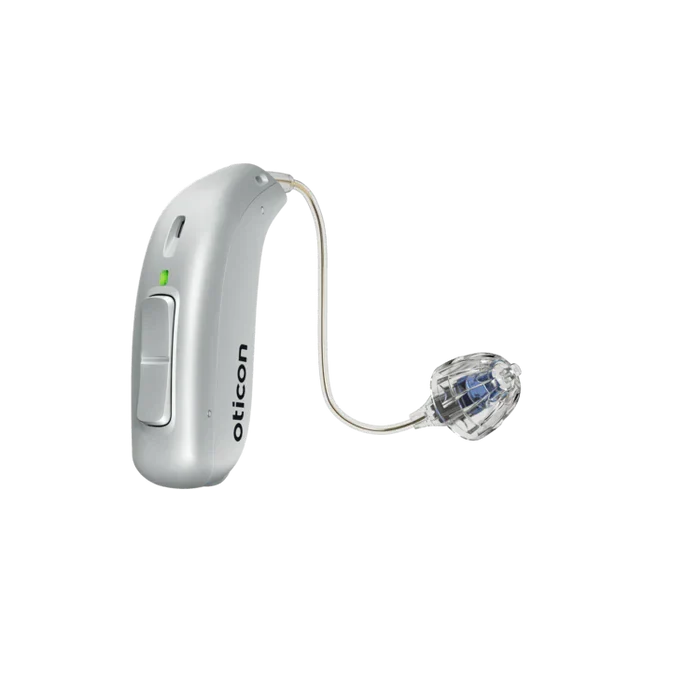Silver Oticon hearing aid on a white background