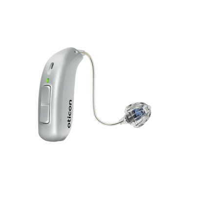 Silver Oticon hearing aid on a white background