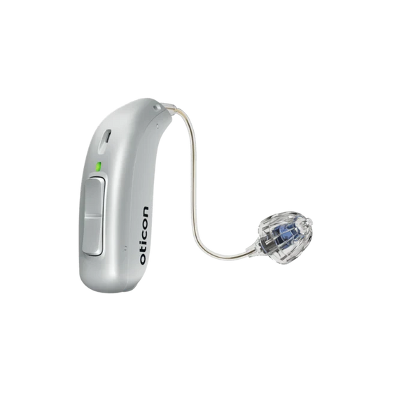 Silver Oticon hearing aid on a white background