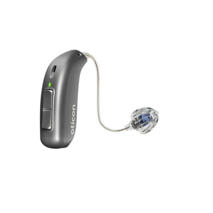 Hearing aid device with 'oticon' branding on a white background