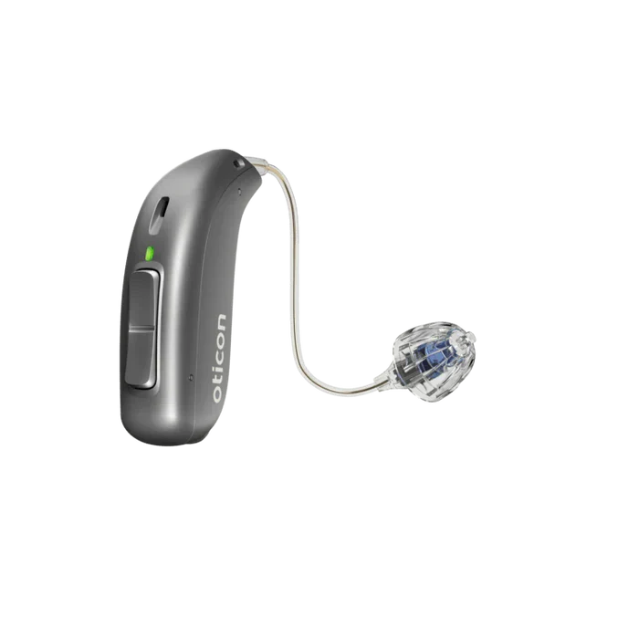 Hearing aid device with 'oticon' branding on a white background